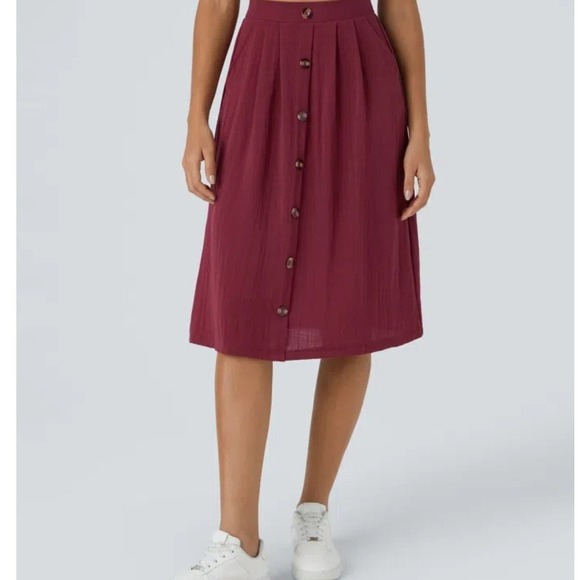 HALARA Dresses & Skirts - Halara‎ Burgundy Button Front A Line Midi Skirt with Pockets Wine Red Medium